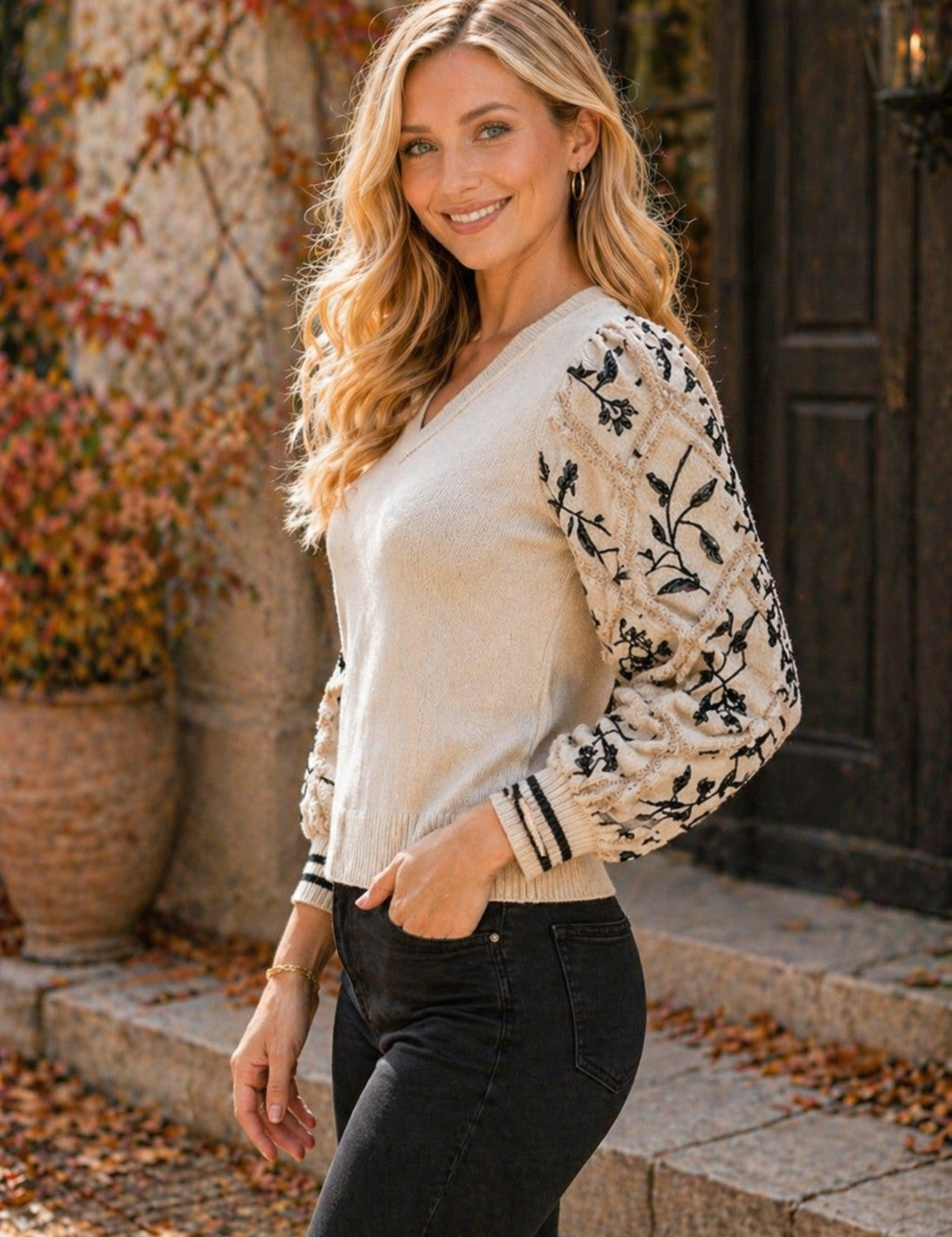 Relaxed Fit Embroidered Sleeve V-Neck Sweater - PREORDER