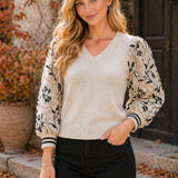Relaxed Fit Embroidered Sleeve V-Neck Sweater - PREORDER