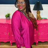 DEAL! Smocked Sleeve Top With Leopard Detail Neckline - FINAL SALE