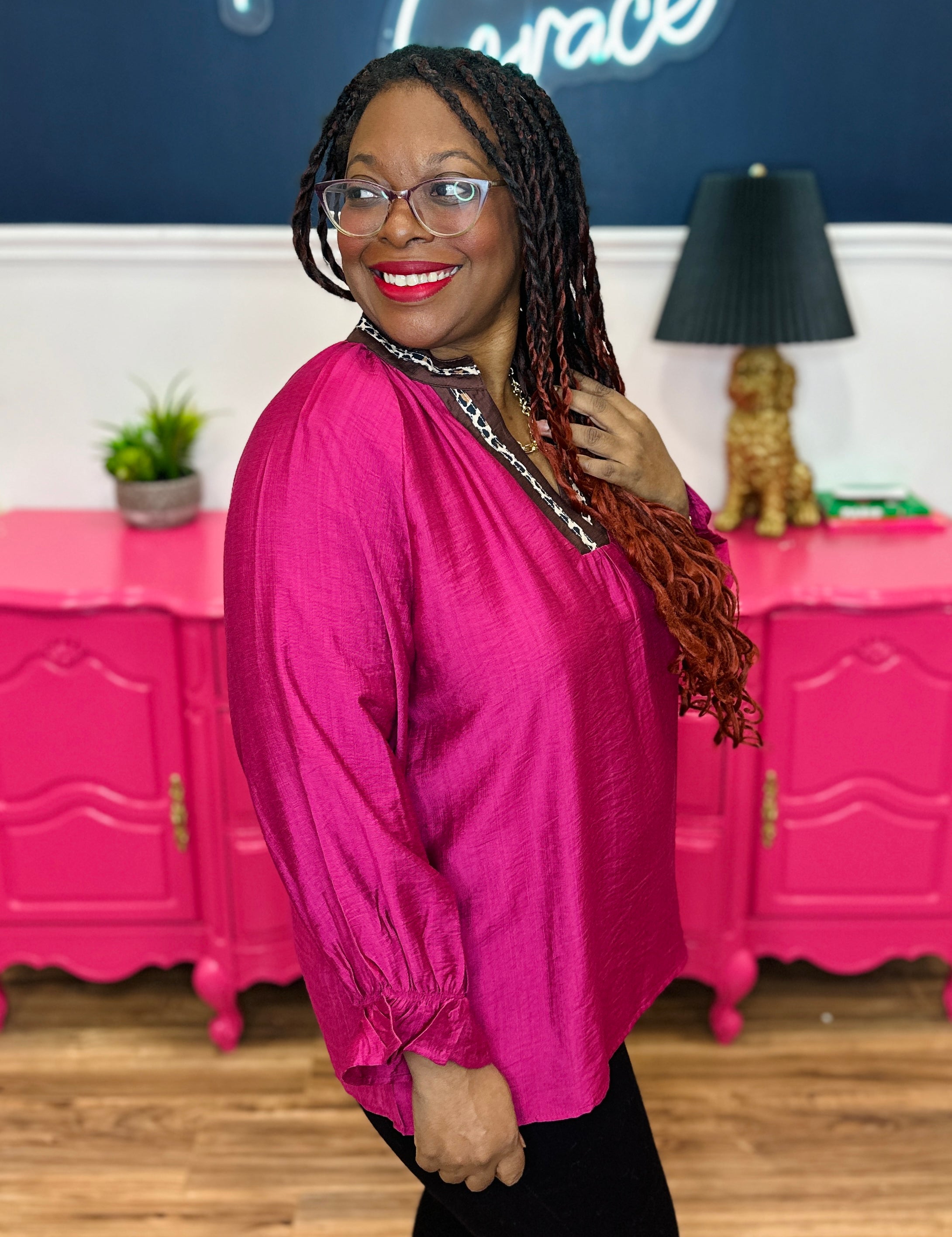 Smocked Sleeve Top With Leopard Detail Neckline - FINAL SALE