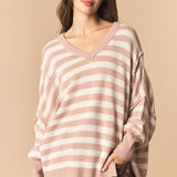 Striped V Neck Oversized High And Low Hem Sweater - PREORDER