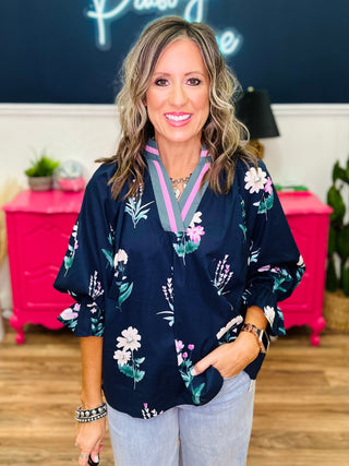 Floral Contrast Trim Blouse