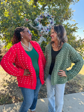 POL Long Sleeve Pearl Details Chenille Sweater Cardigan - Dried Green