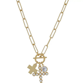 Angel  Gold Cross & Pearl Cross Charm Necklace
