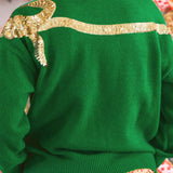 PREORDER- Sequin Bow Knit Sweater- Green/Gold