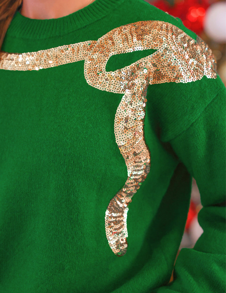 PREORDER- Sequin Bow Knit Sweater- Green/Gold