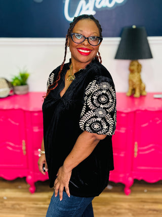 Black Velvet Top With Embroidered Puff Sleeves