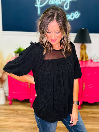Puff Sleeve Shimmer Mesh Top