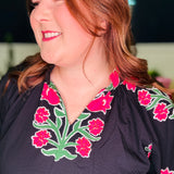 Bubble Sleeved Tulip Print Split V-Neck Top - LAST ONES FINAL SALE