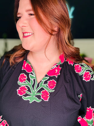 Bubble Sleeved Tulip Print Split V-Neck Top