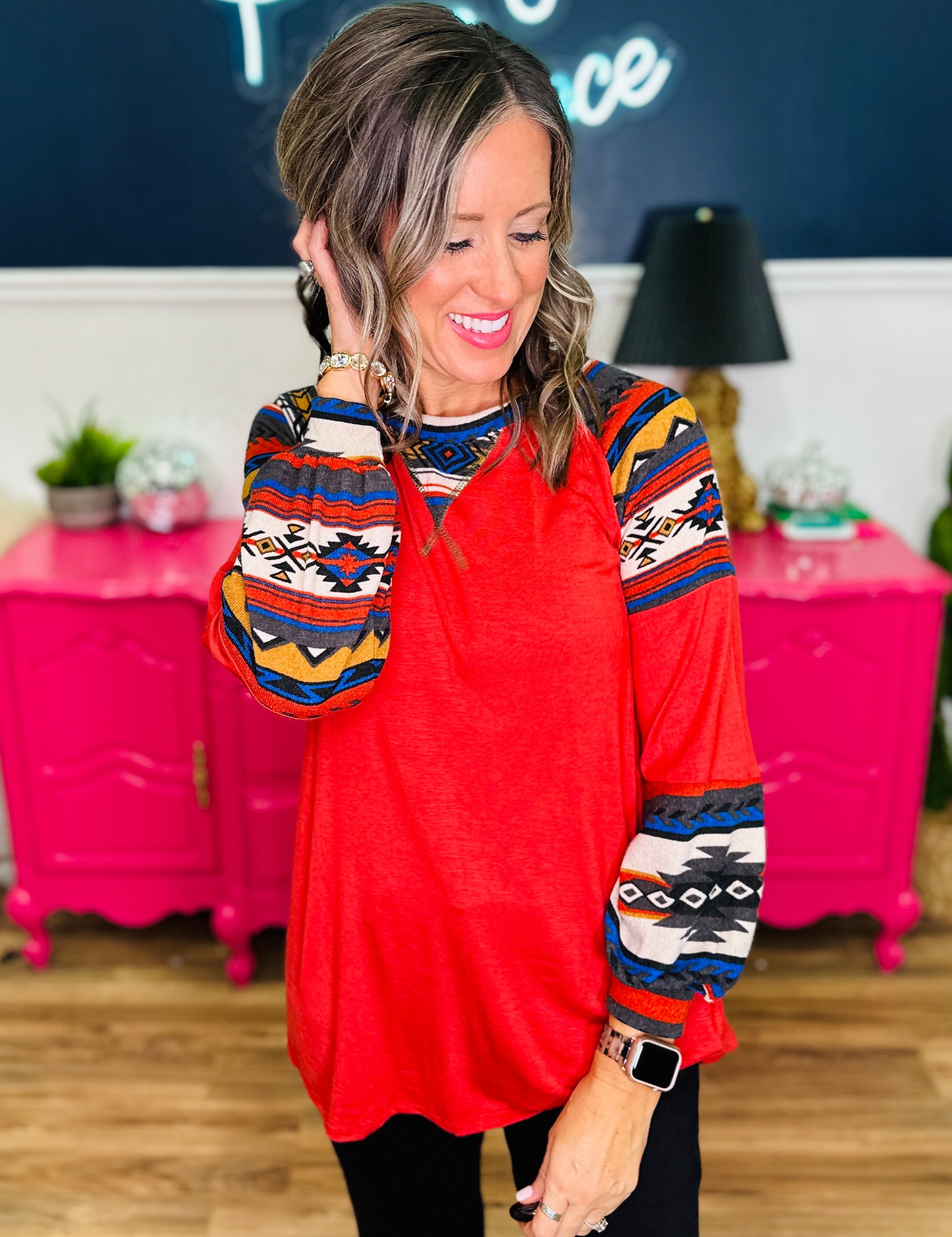 Solid Aztec Print Long Sleeve Top - Rust Aztec - LAST ONES FINAL SALE