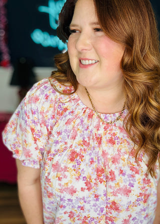 Floral Print Ruched Neck Relaxed Fit Blouse