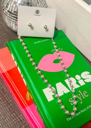 Silver Pearl Necklace + Earring Set