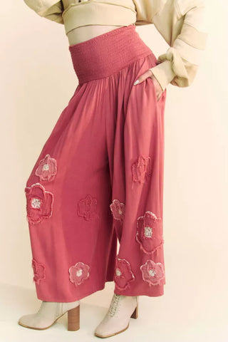 Garment Washed Floral Patch Waist Wide Open Pants  - PREORDER