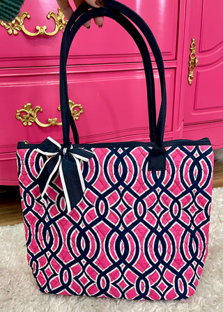 Quilted Tote - Hot Pink & Navy Trellis - DOORBUSTER