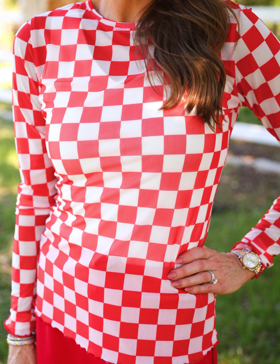 PREORDER- Alyssa Mesh Top- Red Checkered