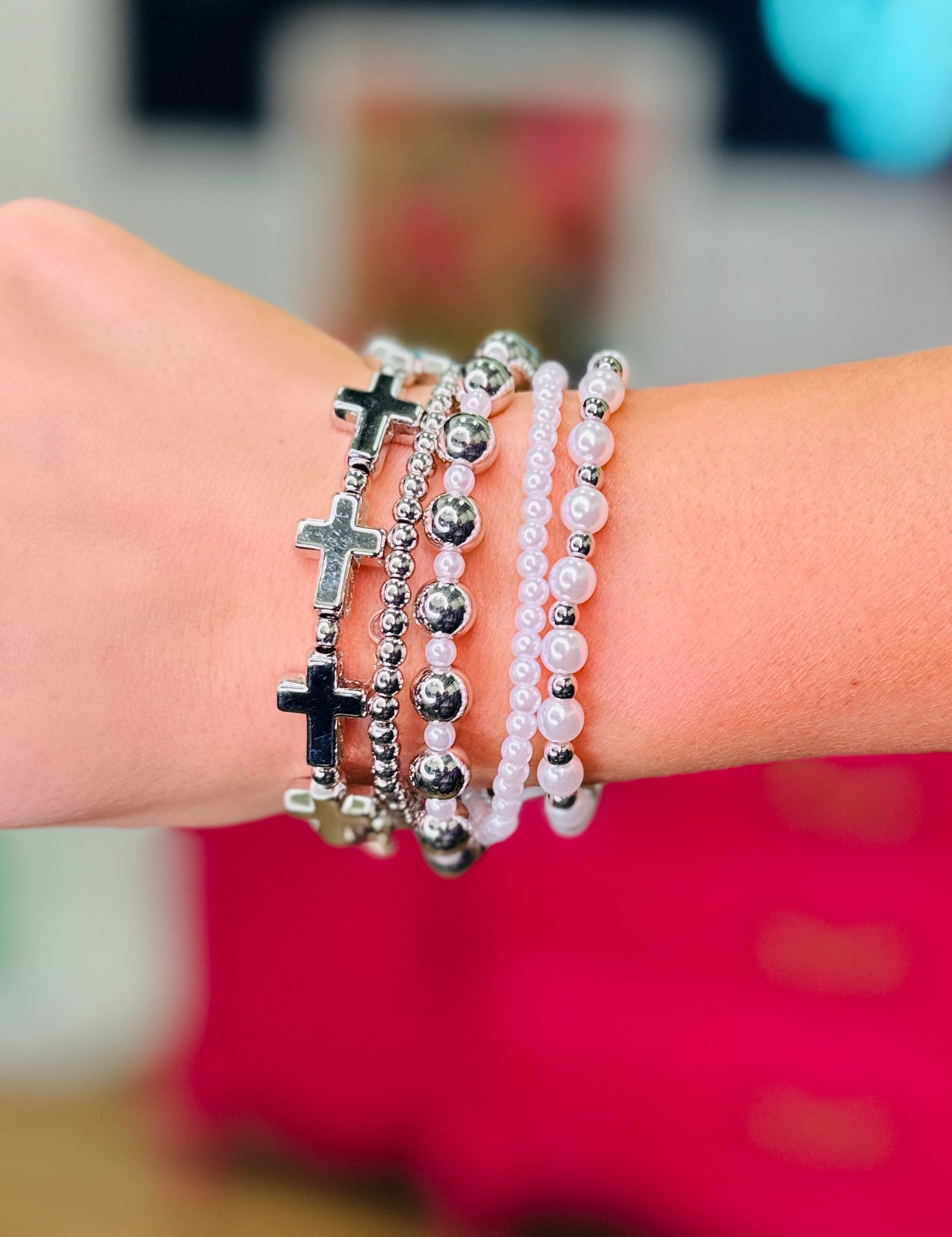 Paige Pearl & Cross Bracelet Set - 2 Styles