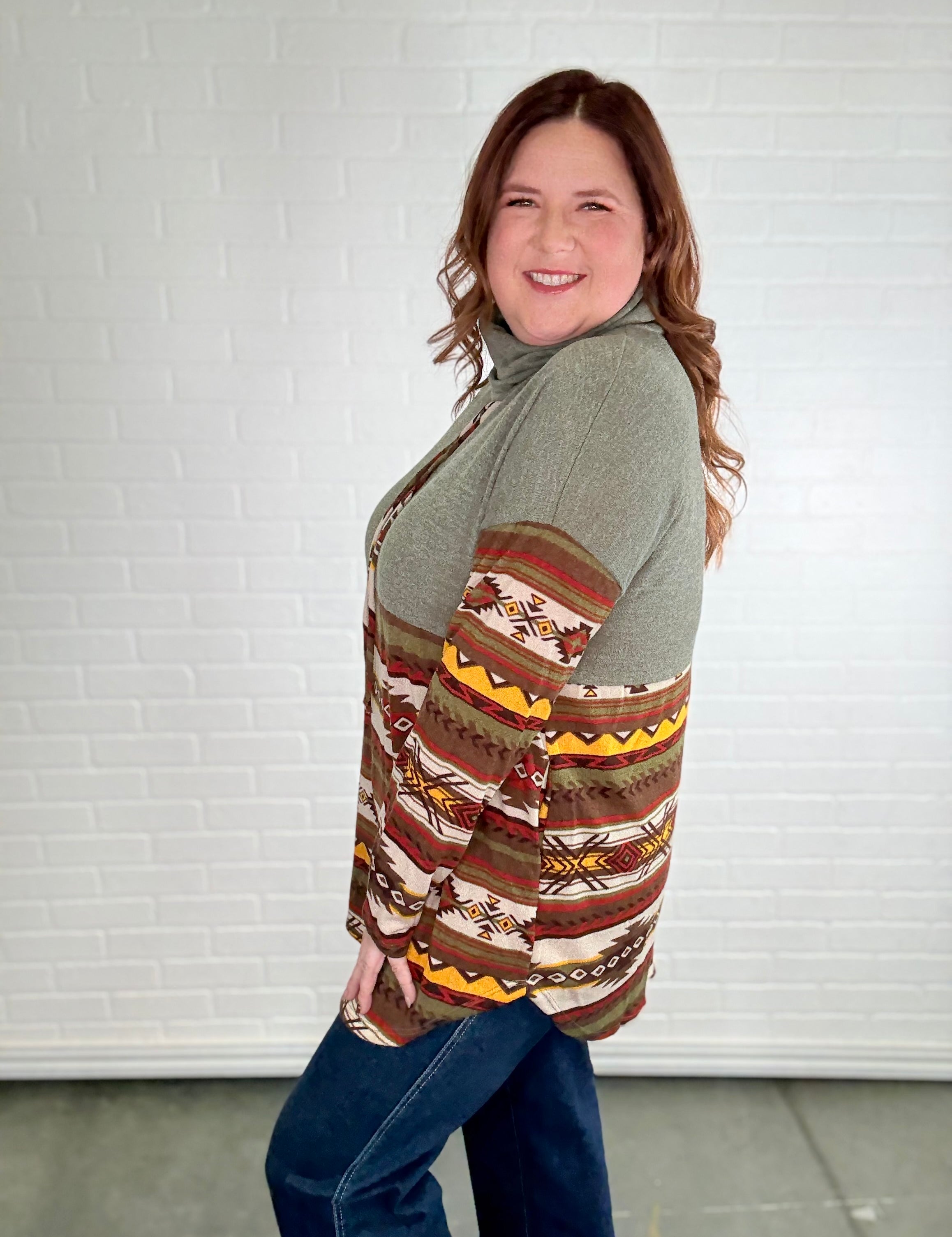 Aztec Contrast Relaxed Turtleneck Long Sleeve Top - LAST ONES FINAL SALE