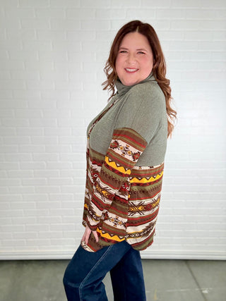 Aztec Contrast Relaxed Turtleneck Long Sleeve Top