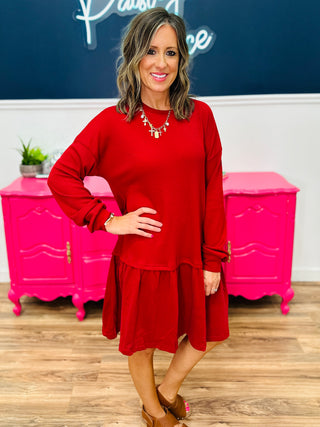 Waffle Knit Long Sleeve Dress - Red