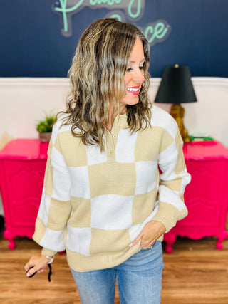 Beige Checkered Sweater with 3/4 Button Collar