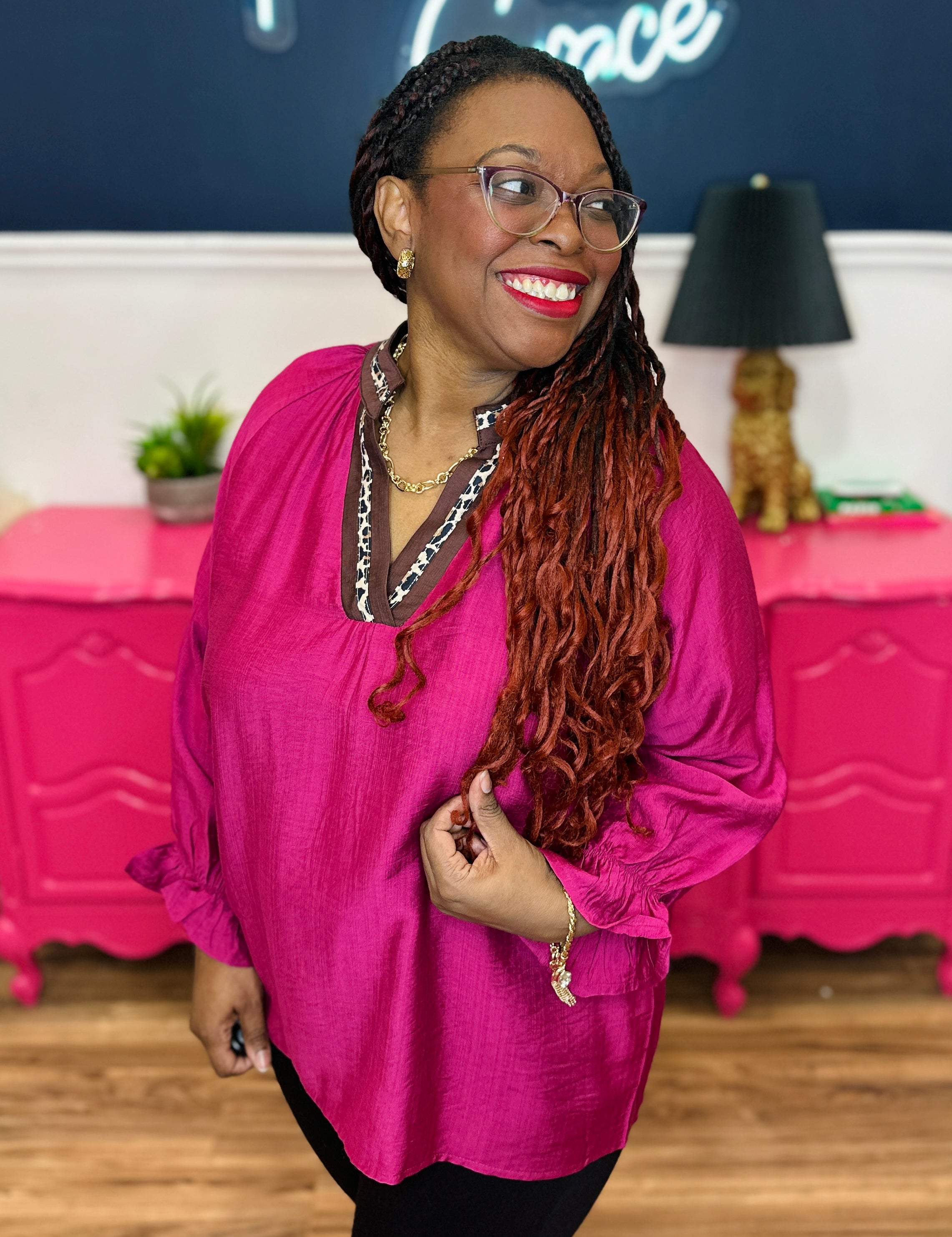 Smocked Sleeve Top With Leopard Detail Neckline - FINAL SALE