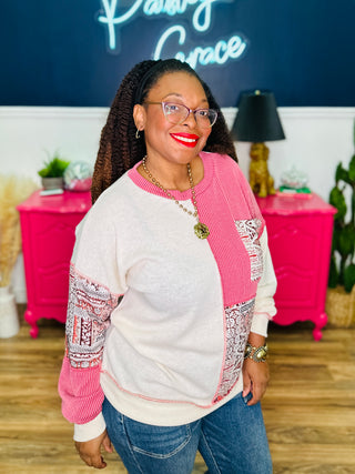 Patchwork Knit Long Sleeve Pullover Top