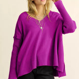 Solid Ribbed Sleeve Side Slit Pullover Sweater (Reg Only) - 2 Colors - LAST ONES FINAL SALE