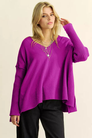 Solid Ribbed Sleeve Side Slit Pullover Sweater (Reg Only) - 2 Colors  - PREORDER