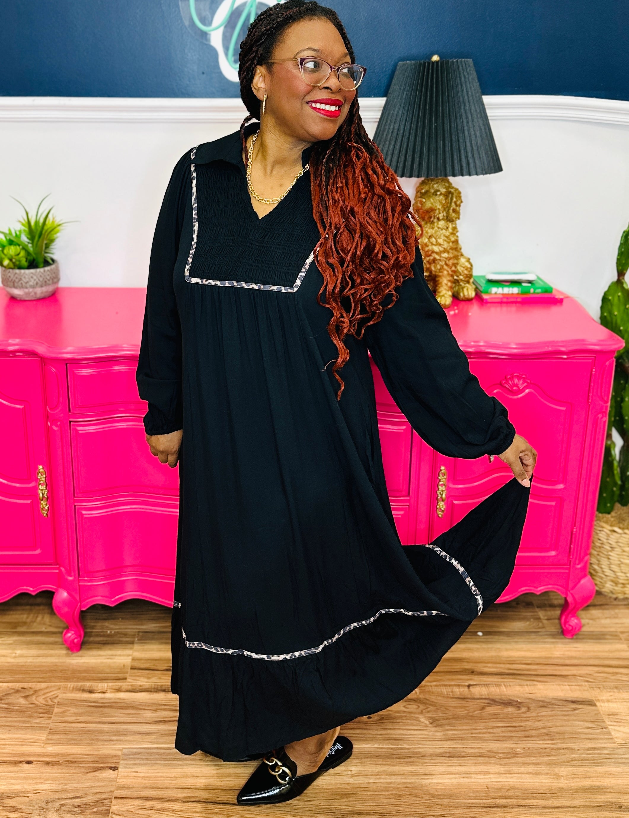 Black Dress with Leopard Stitch Accent - FINAL SALE