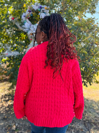 POL Long Sleeve Pearl Details Chenille Sweater Cardigan - Cherry Red
