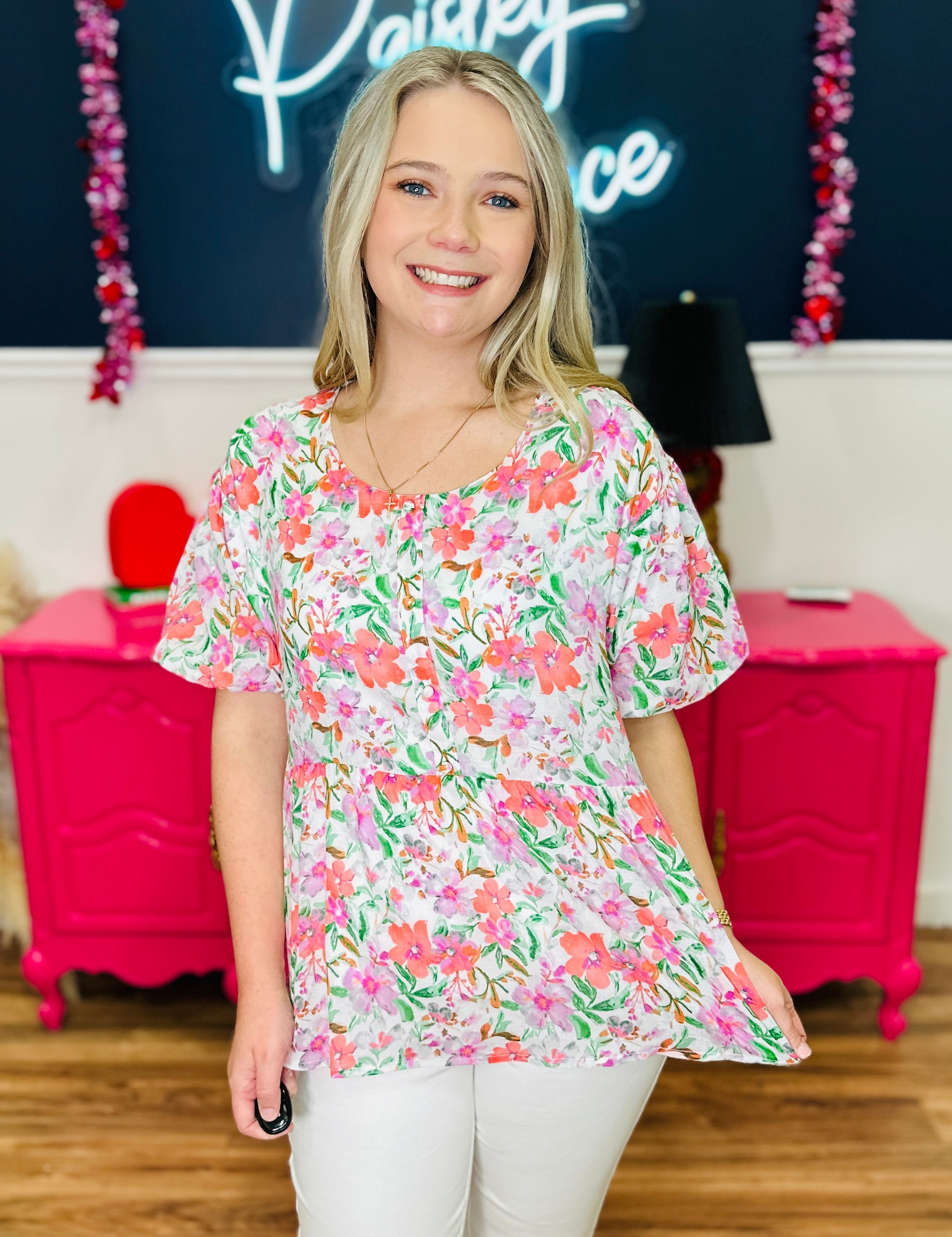 Watercolor Flowers Puff Sleeve Blouse