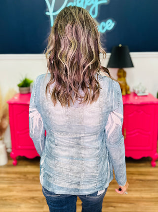 Long Sleeved Mesh Top With Sparkly Details - Denim