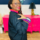 Black V-Neck Long Sleeve Blouse With Pink & Red Trim - FINAL SALE