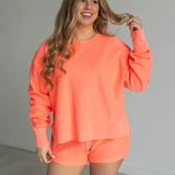 Luxe Crop Side Slit Crew Sweatshirt - Neon Coral PREORDER