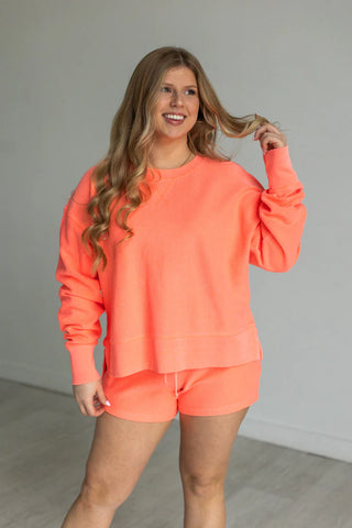 Luxe Crop Side Slit Crew Sweatshirt - Neon Coral PREORDER