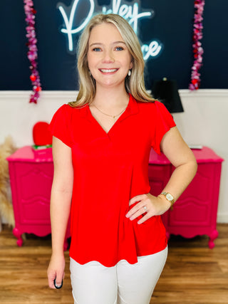 The Nicole V-Neck Top - Red (PREORDER)