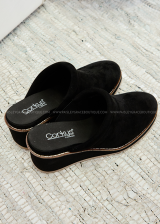 Skedaddle Mules by Corkys - Black Faux Suede