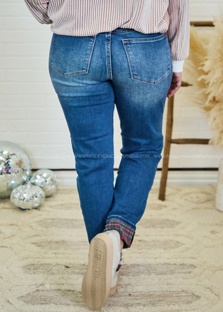 Judy Blue Plaid Cuff Mid Rise Jeans