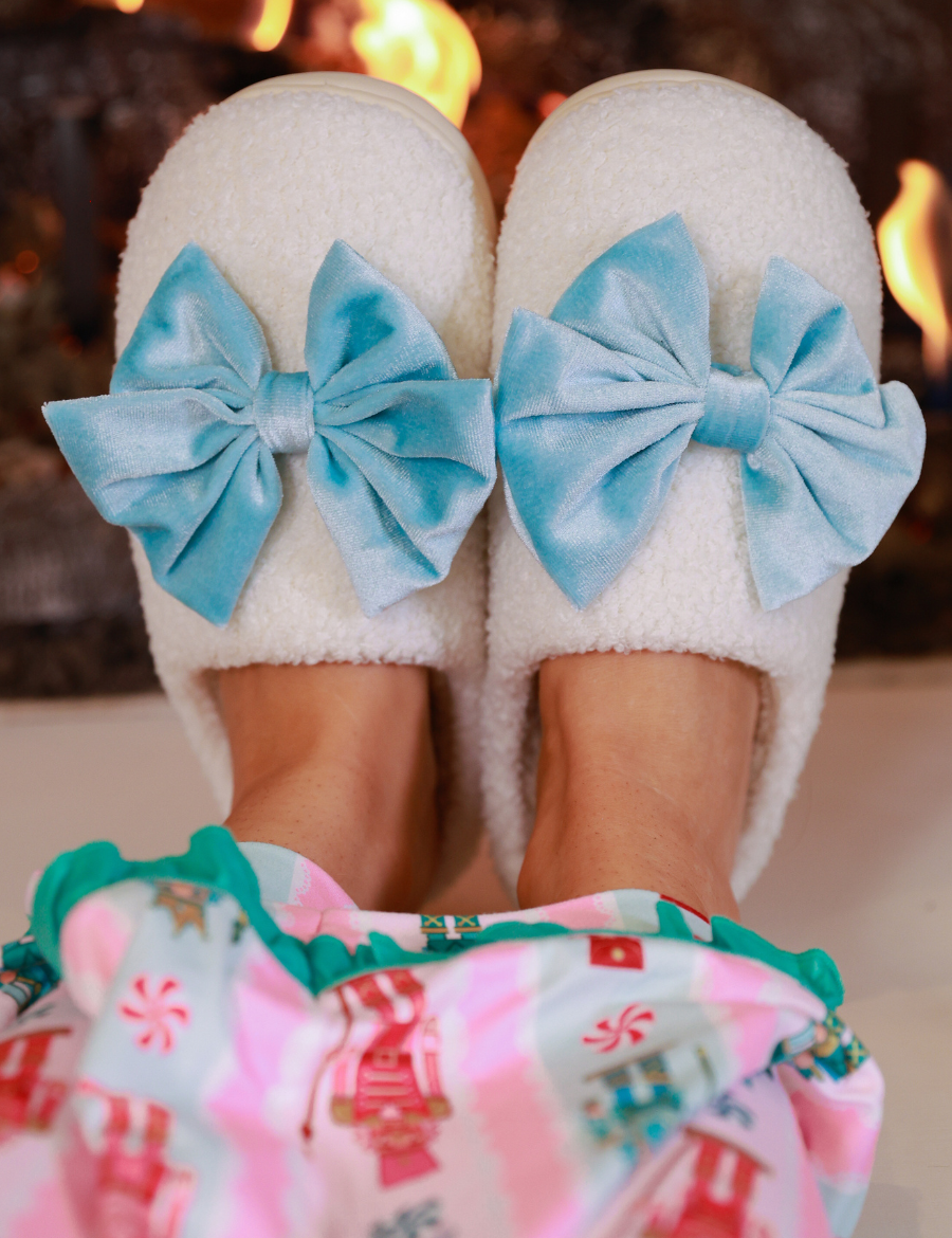 PREORDER- Cozy Bow Slippers- White/Aqua