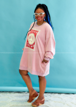 Practice Peace Sweatshirt Dress  - Pink