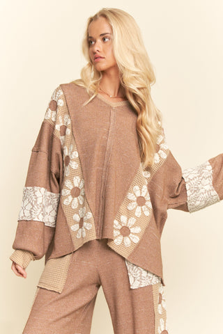 Heavy Waffle Knit Lace Flower Sweatshirt