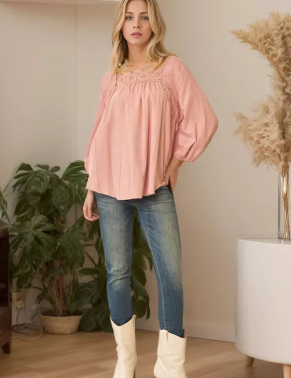 Solid Lace Square Neck Bell Sleeve Blouse Top (Reg Only) - LAST ONES FINAL SALE