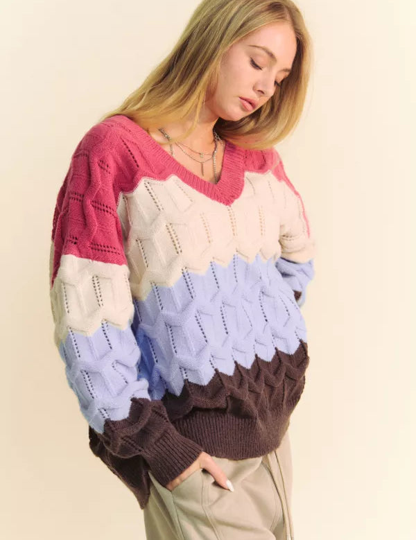 V Neckline Cozy Waves Color Block Sweater* FINAL SALE *