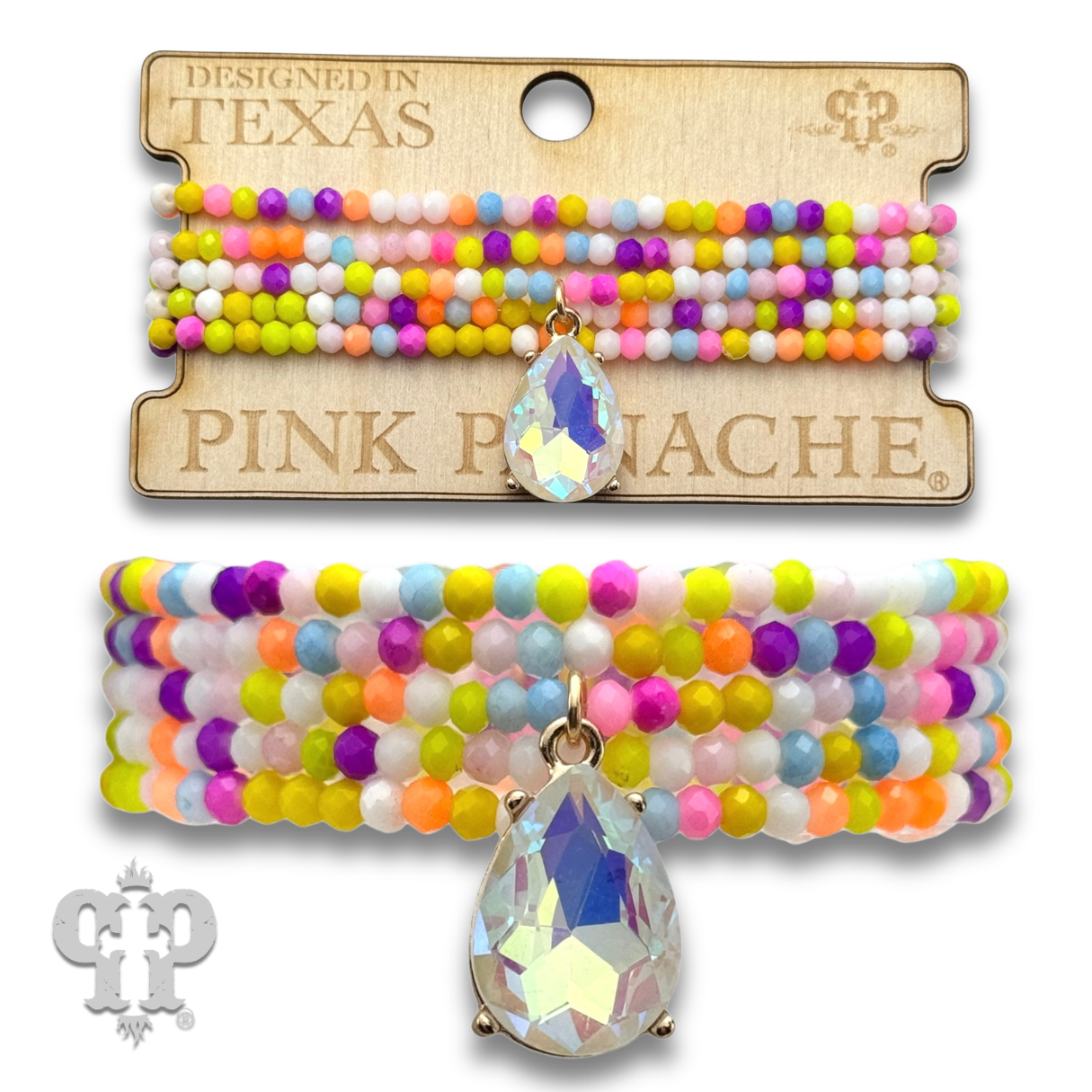 Multi-Color Bead Bracelet with Rhinestone Teardrop Charm