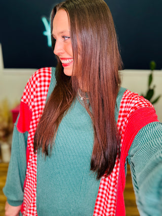 Ribbed Hunter Green With Red & Plaid Contrast Top