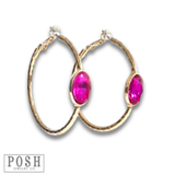 Rhinestone Oval Hammered Hoop Earring - Fuchsia