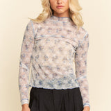 Lace Textured Floral Printed Long Sleeve Mesh Top - LAST ONES FINAL SALE