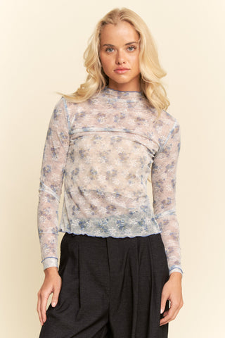 Lace Textured Floral Printed Long Sleeve Mesh Top