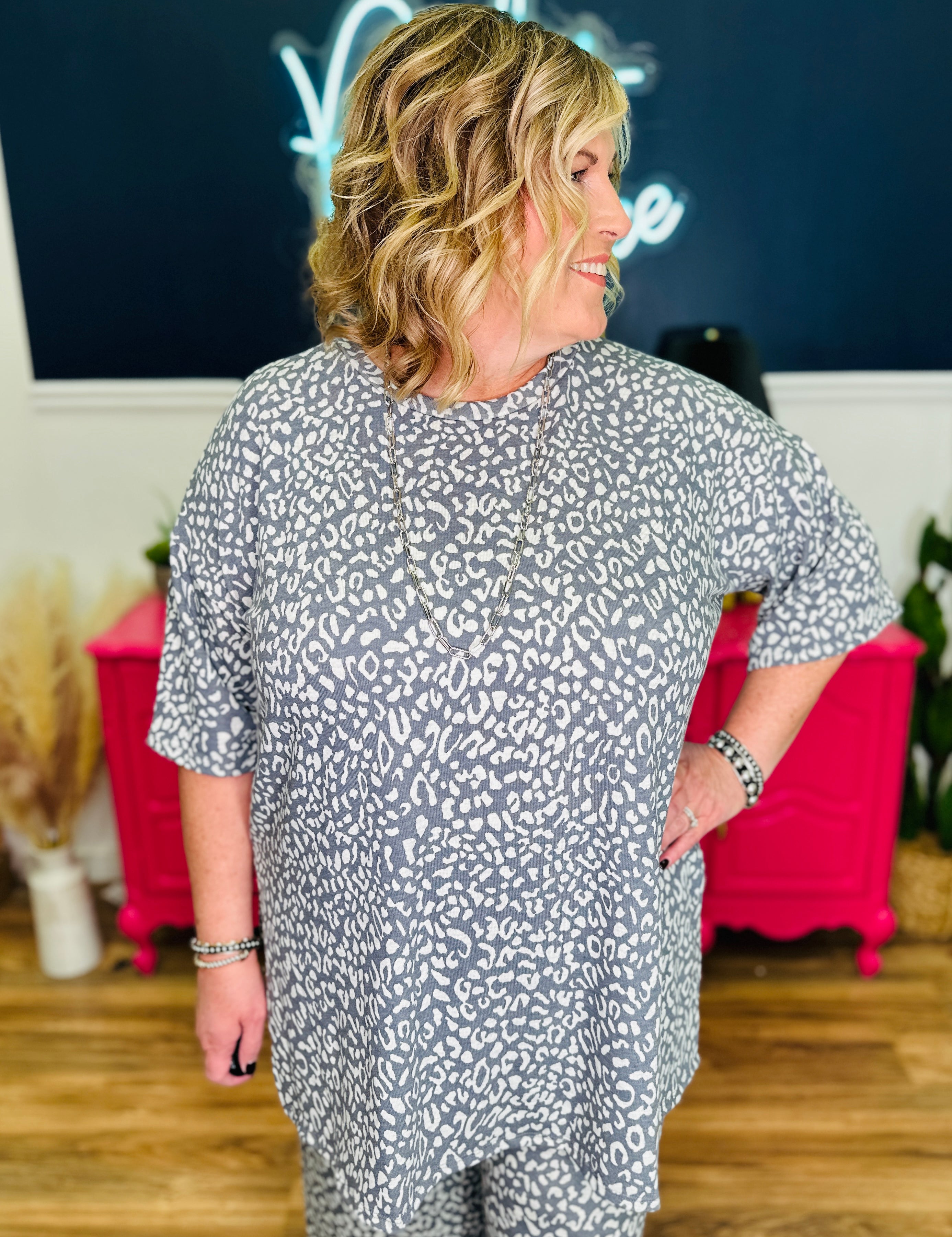 DEAL Soft Hacci Animal Printed Lounge Top And Pants Sets - Grey - FINAL SALE